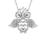 Owl Pendant Necklace in Sterling Silver with Chain and Accent Diamonds